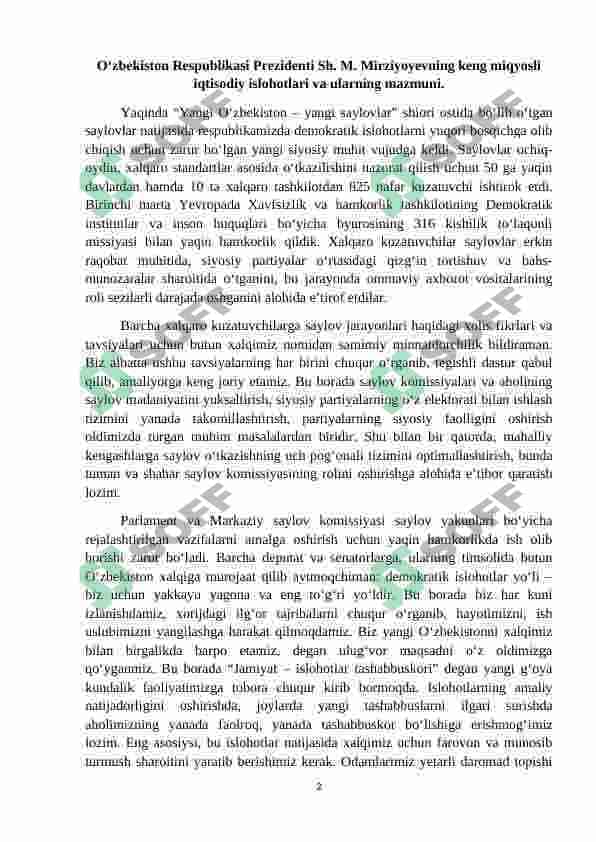 O‘zbekiston Respublikasi Prezidenti Sh. M. Mirziyoyevning keng miqyosli iqtisodiy islohotlari va ularning mazmuni 2