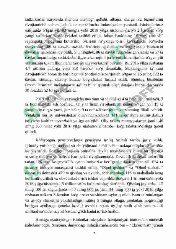 O‘zbekiston Respublikasi Prezidenti Sh. M. Mirziyoyevning keng miqyosli iqtisodiy islohotlari va ularning mazmuni 4