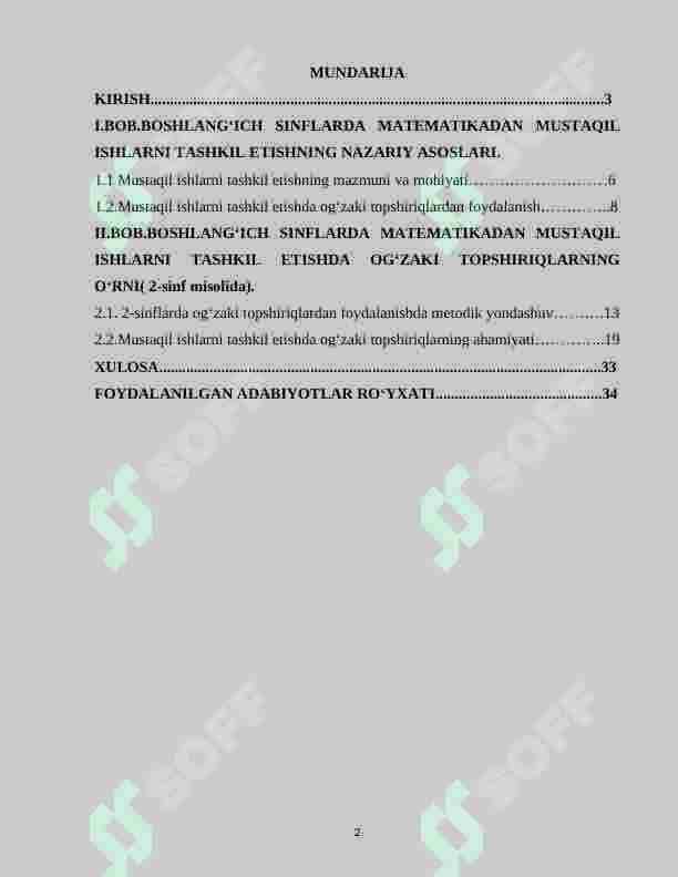 BOSHLANG‘ICH SINFLARDA MATEMATIKADAN MUSTAQIL ISHLARNI TASHKIL ETISH. 2