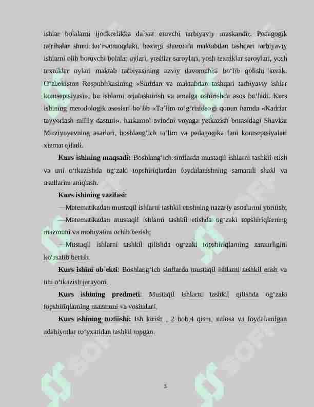 BOSHLANG‘ICH SINFLARDA MATEMATIKADAN MUSTAQIL ISHLARNI TASHKIL ETISH. 5