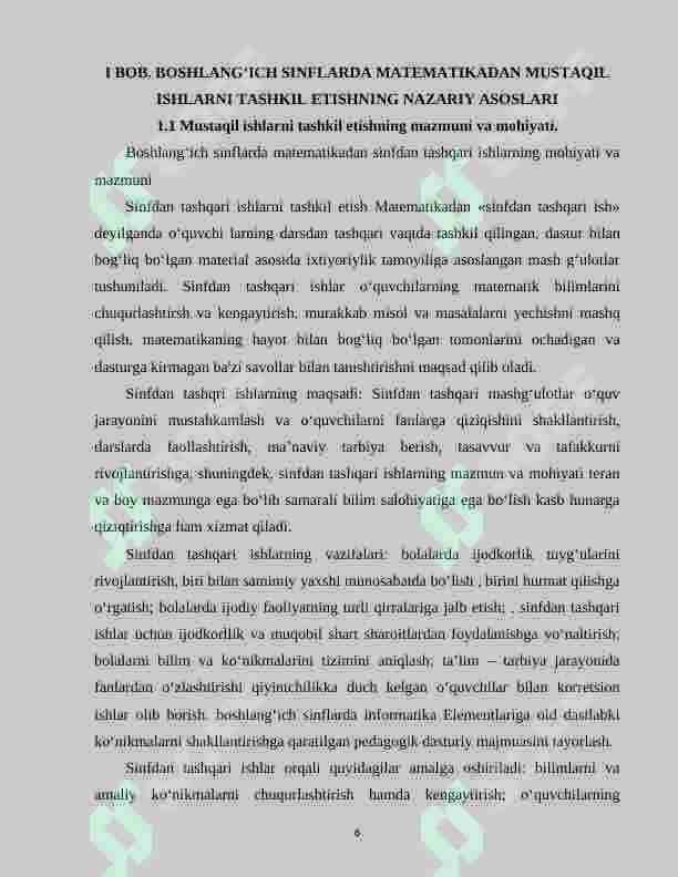 BOSHLANG‘ICH SINFLARDA MATEMATIKADAN MUSTAQIL ISHLARNI TASHKIL ETISH. 6