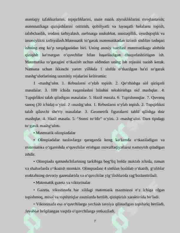 BOSHLANG‘ICH SINFLARDA MATEMATIKADAN MUSTAQIL ISHLARNI TASHKIL ETISH. 7