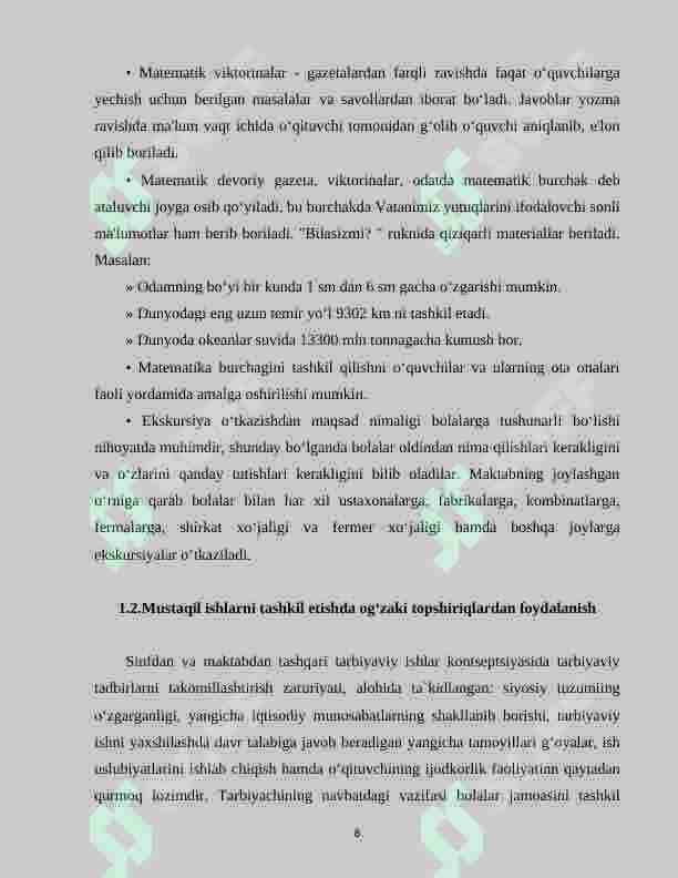 BOSHLANG‘ICH SINFLARDA MATEMATIKADAN MUSTAQIL ISHLARNI TASHKIL ETISH. 8