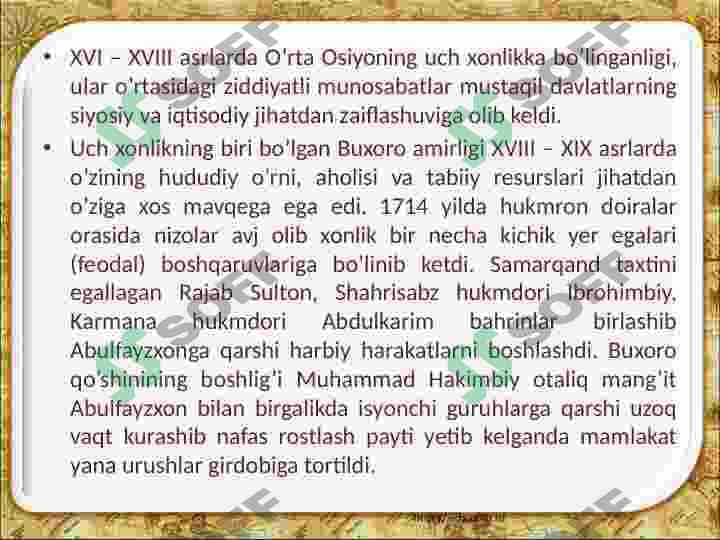 Buxoroda mang'itlar sulolasi hukmronligining o'rnatilishi Buxoro xonligining davlat mustaqilligini yo'qotishi 3