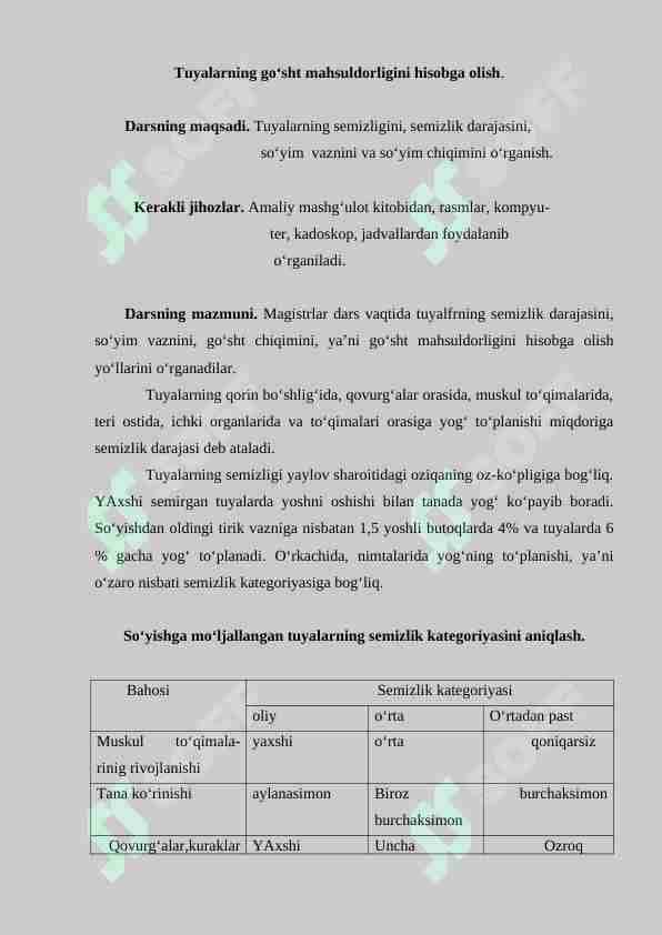 Tuyalarning go‘sht mahsuldorligini hisobga olish.