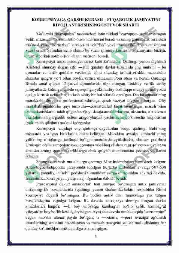 KORRUPSIYAGA QARSHI KURASH – FUQAROLIK JAMIYATINI RIVOJLANTIRISHNING USTUVOR SHARTI 2