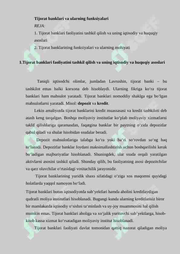 Tijorat banklari va ularning funksiyalari