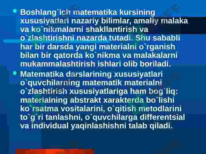 Boshlang`ich sinfda  matematika o`qitish metodikasining  mazmuni 3