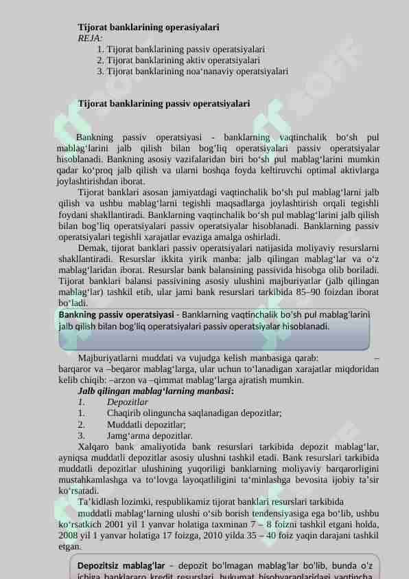 Tijorat banklarining operasiyalari