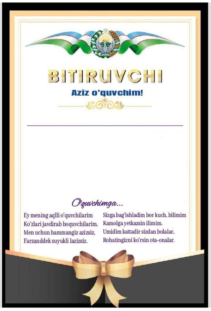 Bitiruvchi boshlangʻich sinf uchun tashakkurnoma 2