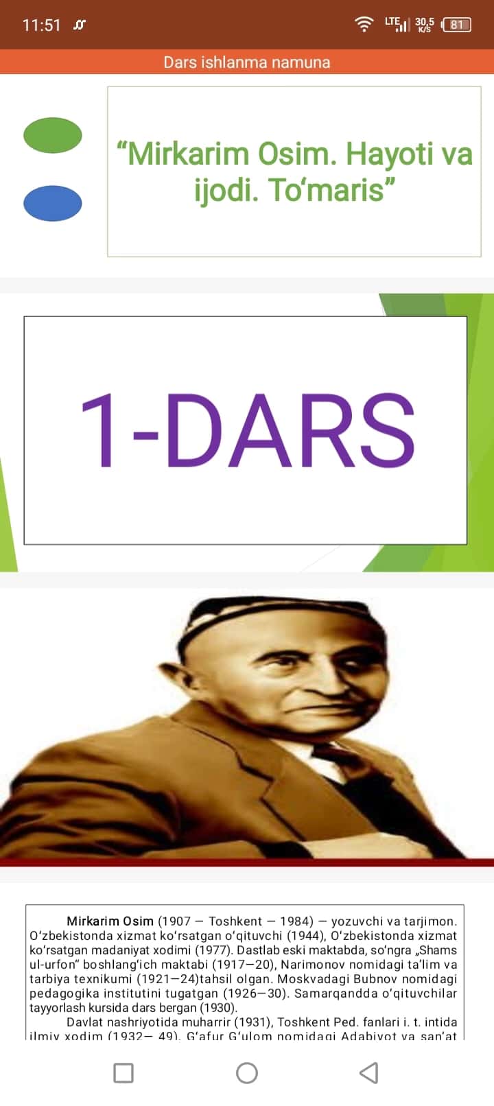 Mirkarim Osim Hayoti va ijodi slayd dars ishlanma 1