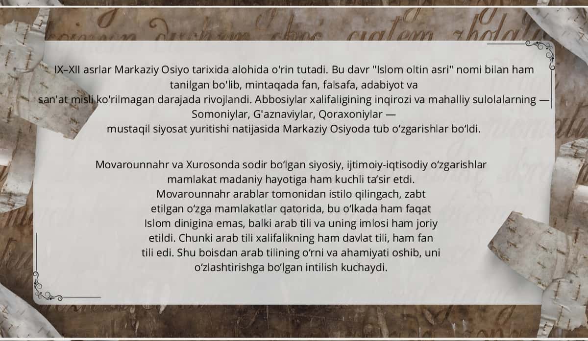 IX-XII asrlarda Markaziy Osiyo xalqlarining uygʻonish davri: ijtimoiy-iqtisodiy va
madaniy taraqqiy 2