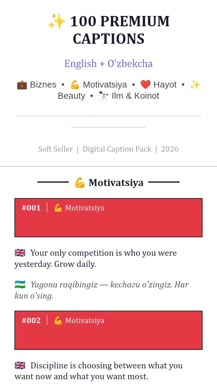 100 Premium Instagram & Social Media Captions
(English + O'zbekcha) 1