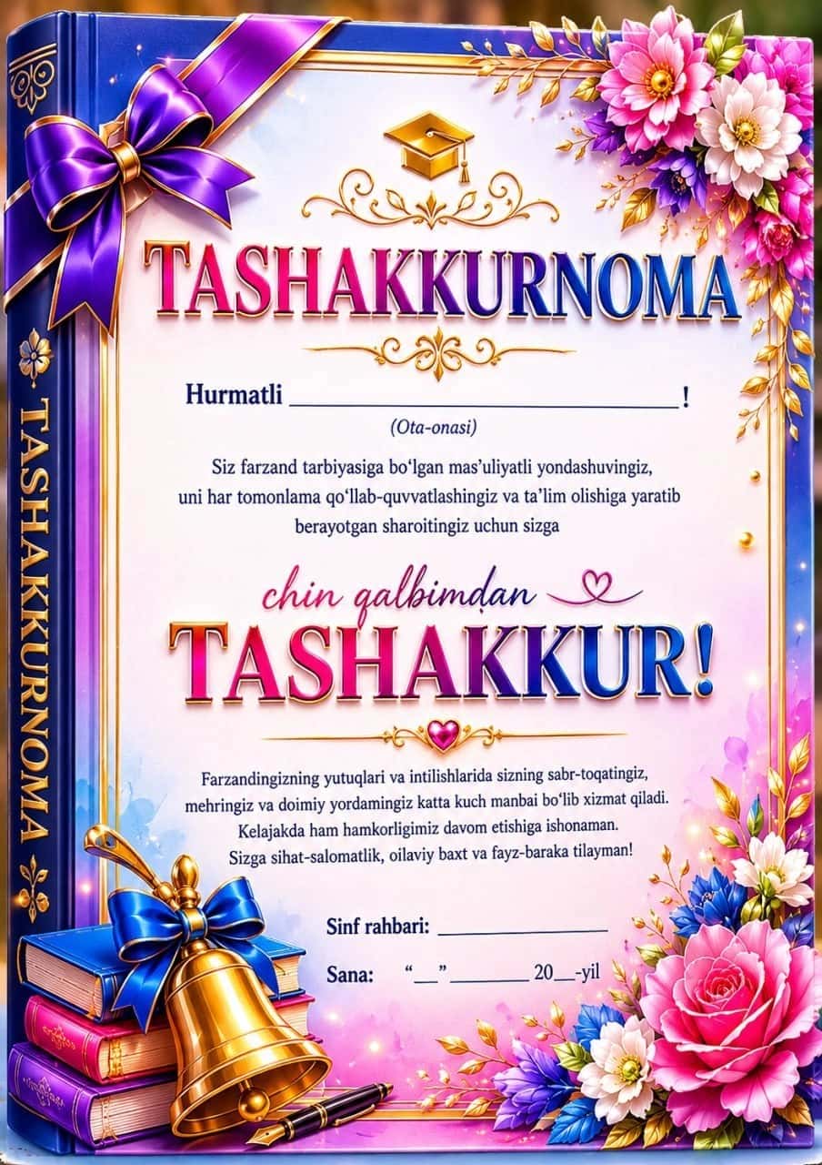 Tashakkurnoma, diplom, maqtov yorliq. 2