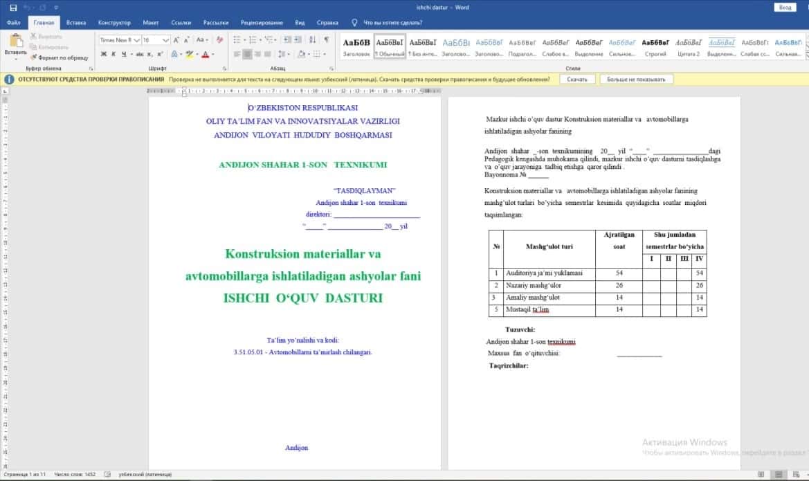 Konstruksion materiallar ishchi o'quv dasturi 1