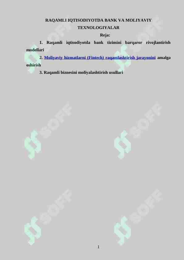 RAQAMLI IQTISODIYOTDA BANK VA MOLIYAVIY TEXNOLOGIYALAR