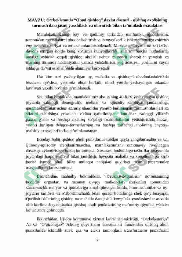 O‘zbekistonda “Obod qishloq” davlat dasturi - qishloq axolisining turmush darajasini yaxshilash va ularni ish bilan ta’minlash masalalari 2