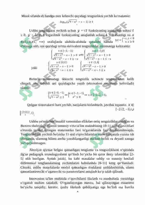 MODUL ISHTIROK ETGAN AYRIM TENGSIZLIKLARNI  YECHISH BO'YICHA BA'ZI BIR TAVSIYALAR 4