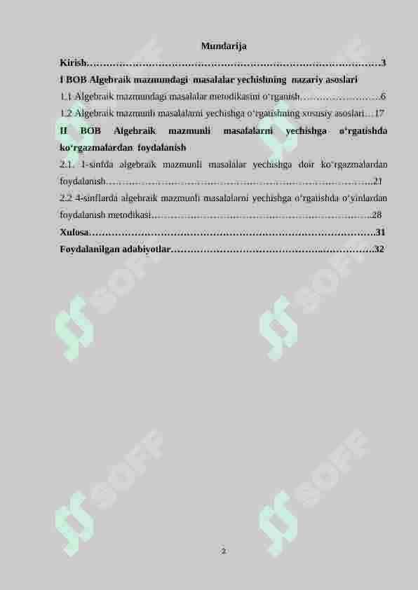 Algebraik mazmundagi masala va ularni o‘rganish metodikasi. (1-4 sinf misolida) 2