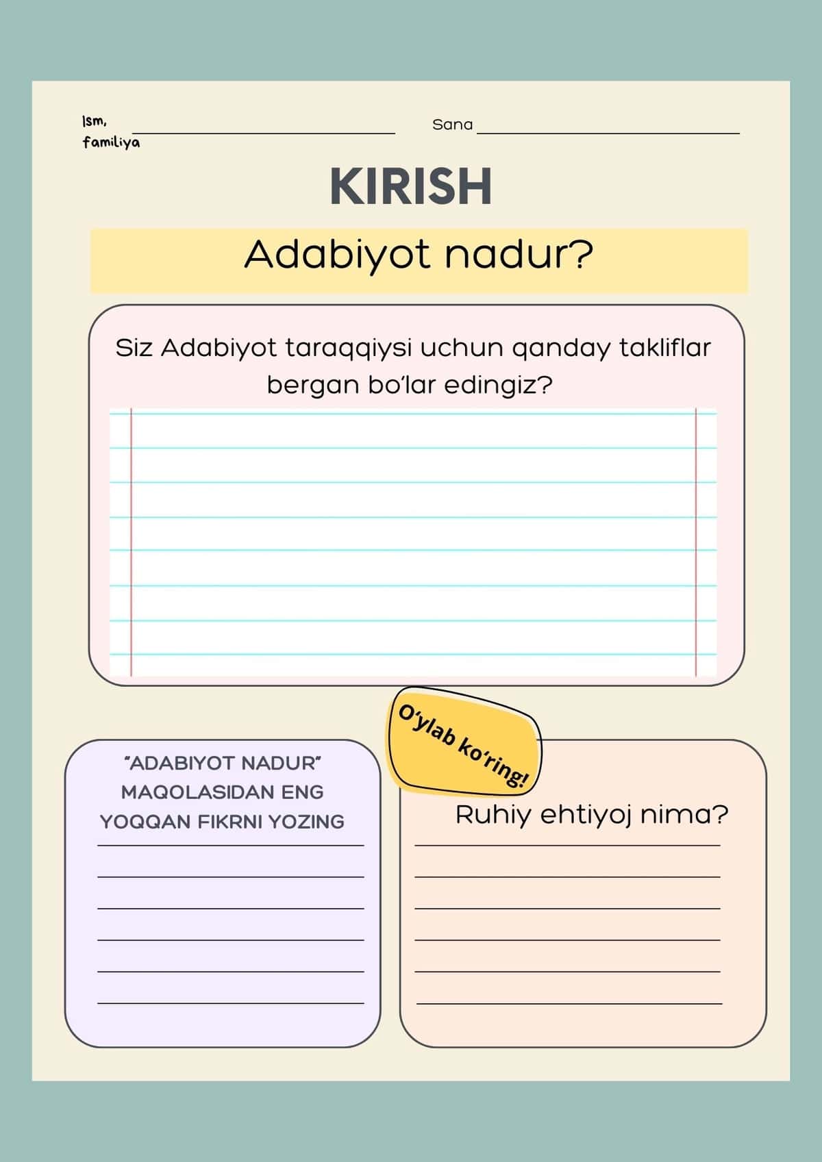 9-sinf Adabiyot darsligi uchun tarqatma material 1