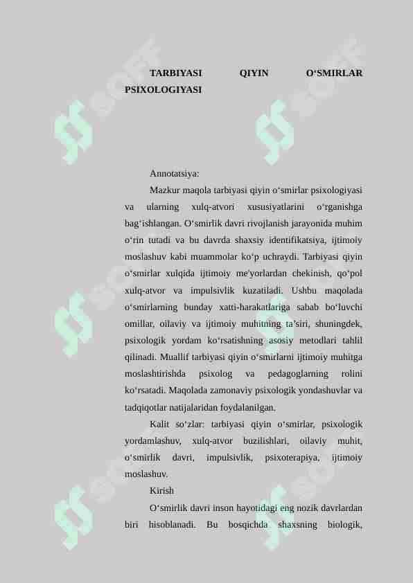 Tarbiyasi qiyin oʻsmirlar psixologiyasi