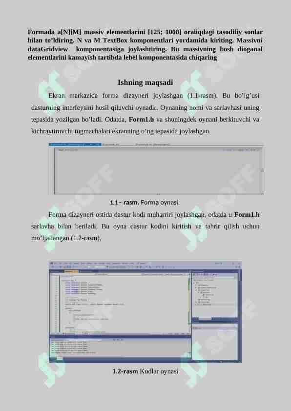 Formada a[N][M] massiv elementlarini [125; 1000] oraliqdagi tasodifiy sonlar bilan to’ldiring.