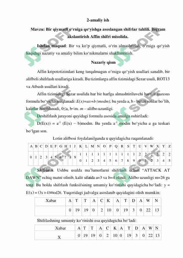 Bir qiymatli o‘rniga qo‘yishga asoslangan shifrlar tahlili. Bigram  akslantirish Affin shifri misolida.