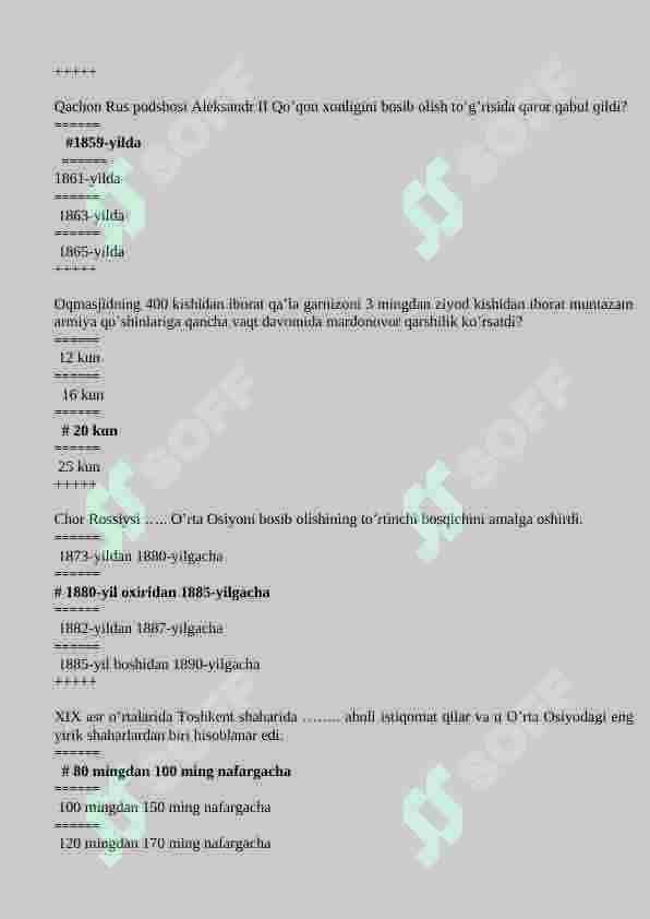 TARIX 100 TALIK TEST JAVOBLARI BILAN 6