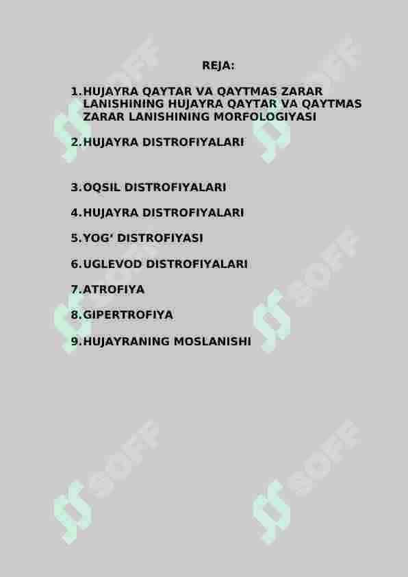 Hujayraning qaytar va qaytmas zararlanishi. Hujayraning zararlanishi va nobut bo’lishi: sabablari, rivojlanish maxanizmi, morfologiyasi. Apoptoz. O’tkir yallig’lanish 2