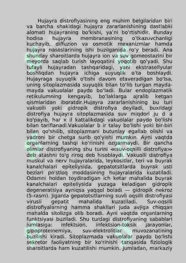 Hujayraning qaytar va qaytmas zararlanishi. Hujayraning zararlanishi va nobut bo’lishi: sabablari, rivojlanish maxanizmi, morfologiyasi. Apoptoz. O’tkir yallig’lanish 7