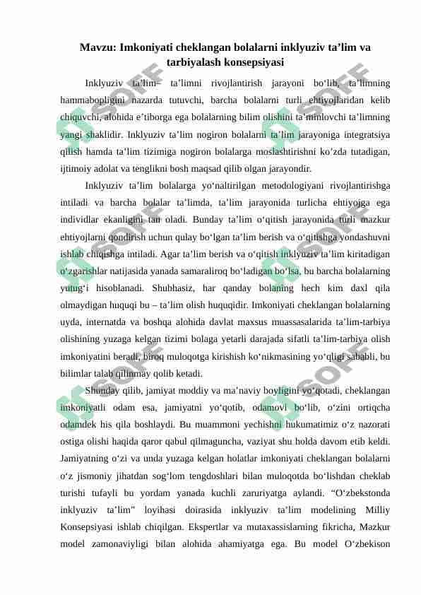 Imkoniyati cheklangan bolalarni inklyuziv ta’lim va tarbiyalash konsepsiyasi 1
