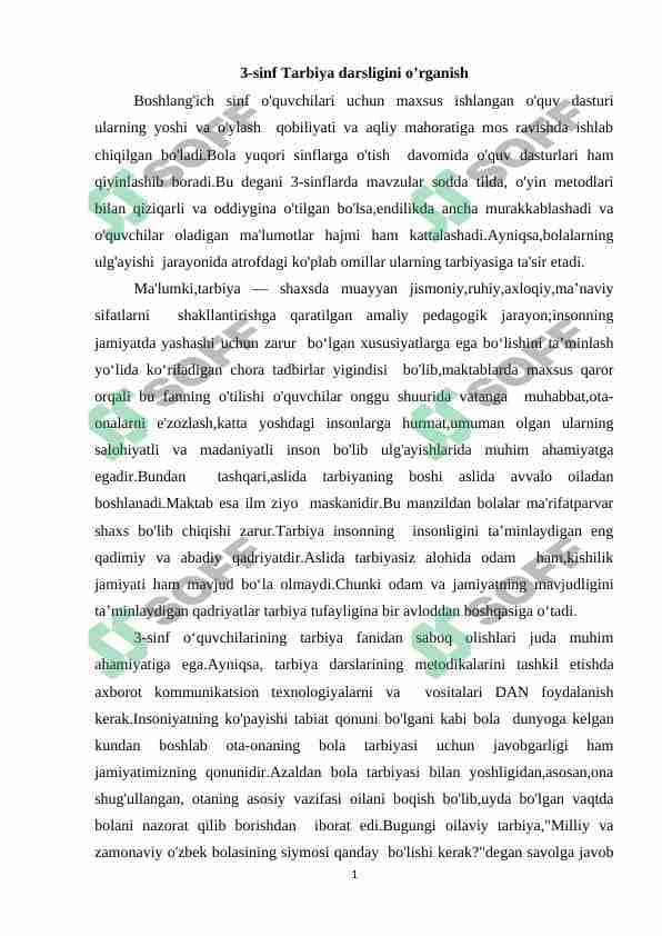 3-sinf Tarbiya darsligini o’rganish