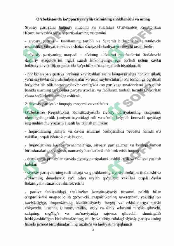 O‘zbekistonda ko‘ppartiyaviylik tizimining shakllanishi va uning 2