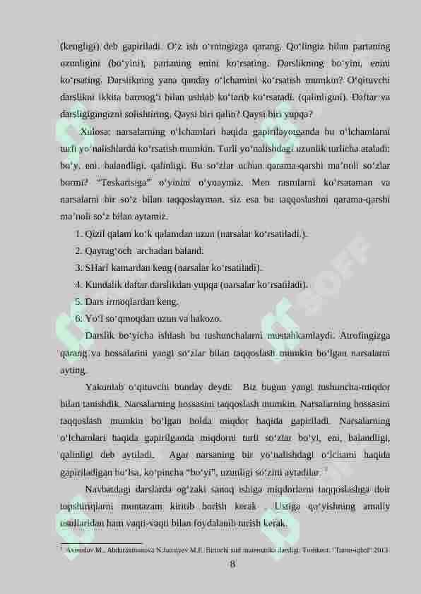 Uzunlik o‘lchovlarining nazariy asosi  va uni  o‘rganish metodikasi( 1-4 sinf  misolida) 8
