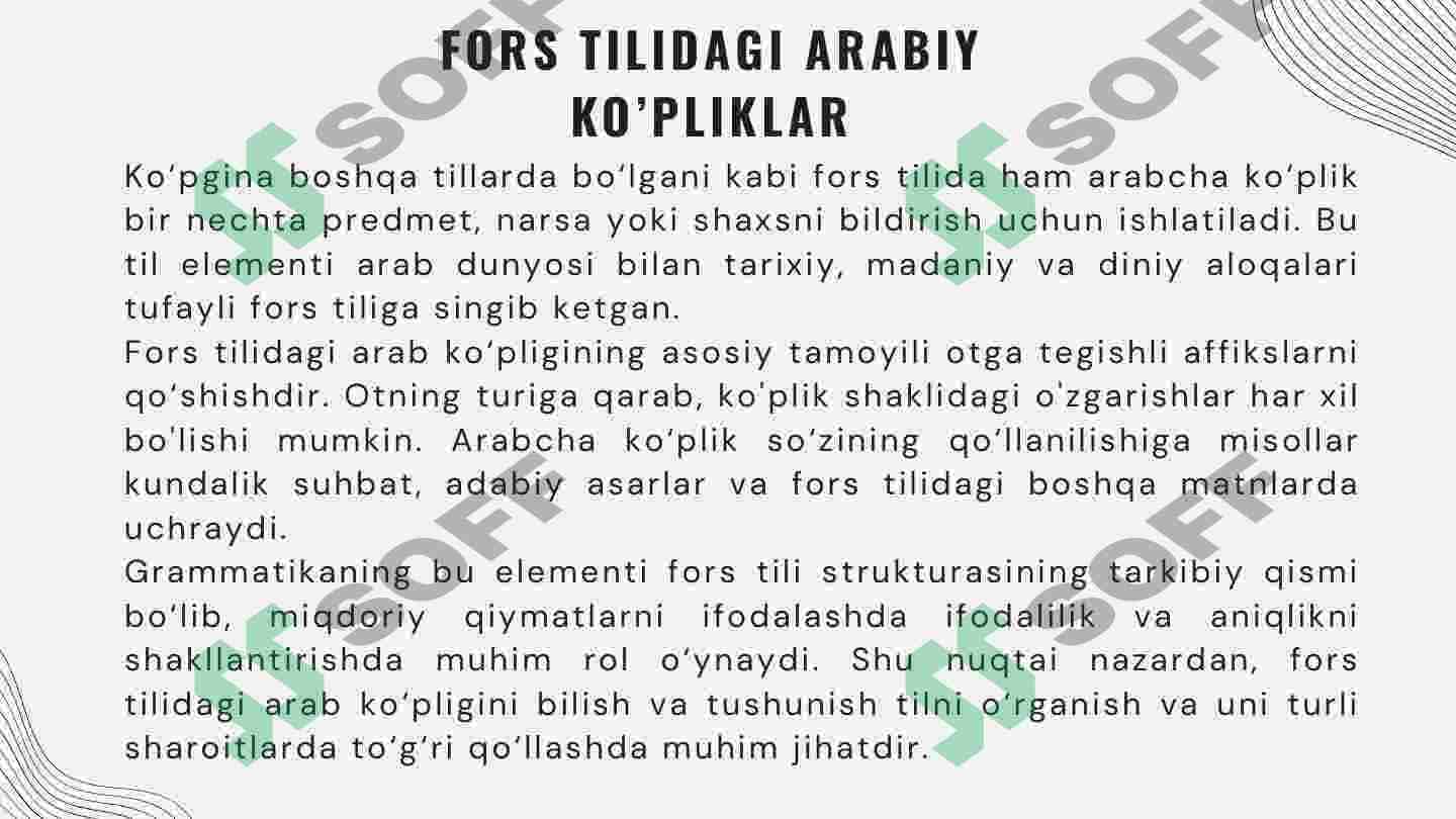 FORS TILIDAGI ARABIY  KO’PLIKLAR. IZOFA  ZANJIRI.  EGALIK AFFIKSLARI. EGALIKNING  IFODALANISHI. MIQDOR SONLAR  VA TARTIB SONLAR. FORS  TILIDA YIL, OY, KUNLARNING  IFODALANISHI. 4