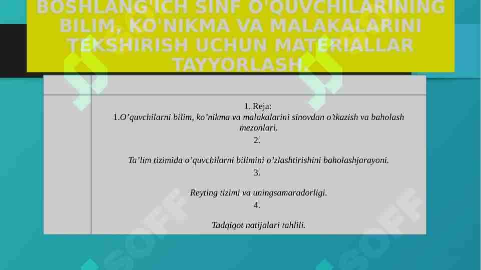 BOSHLANG'ICH SINF O'QUVCHILARINING BILIM, KO'NIKMA VA MALAKALARINI TEKSHIRISH UCHUN MATERIALLAR TAYYORLASH