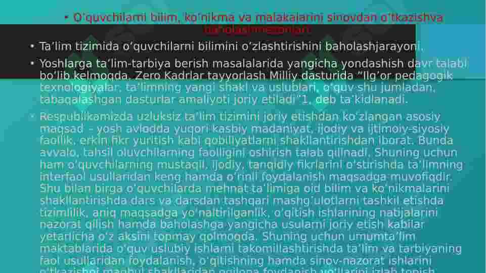 BOSHLANG'ICH SINF O'QUVCHILARINING BILIM, KO'NIKMA VA MALAKALARINI TEKSHIRISH UCHUN MATERIALLAR TAYYORLASH 2
