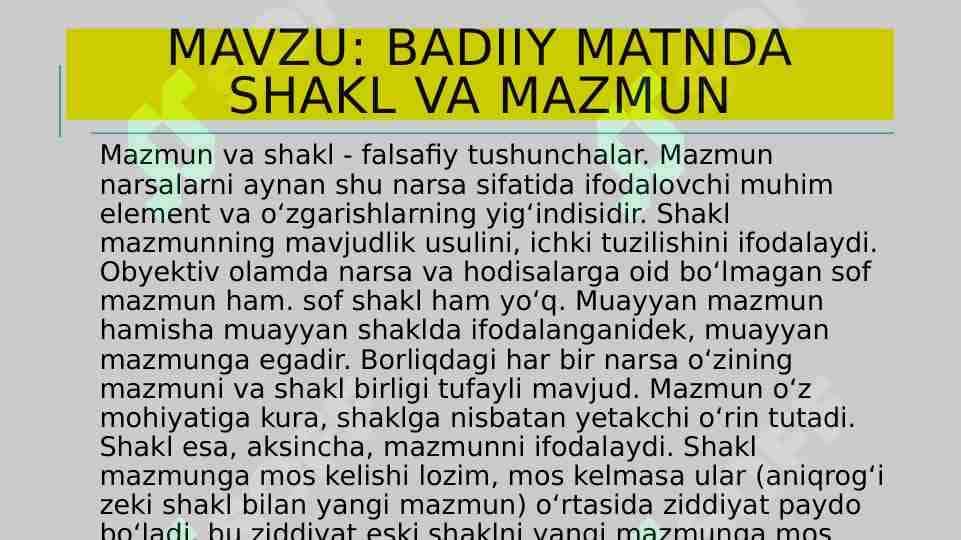 BADIIY MATNDA SHAKL VA MAZMUN