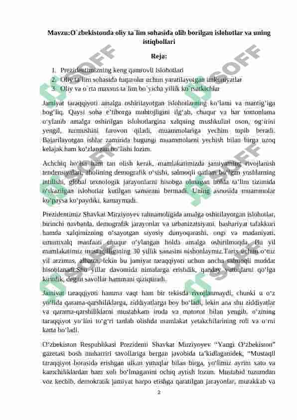 O`zbekistonda oliy ta`lim sohasida olib borilgan islohotlar va uning istiqbollari 2