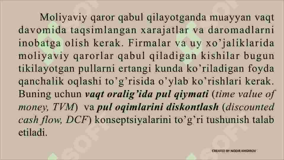 Pulning davriy qiymati va pul oqimlarining diskontli tahlili 2
