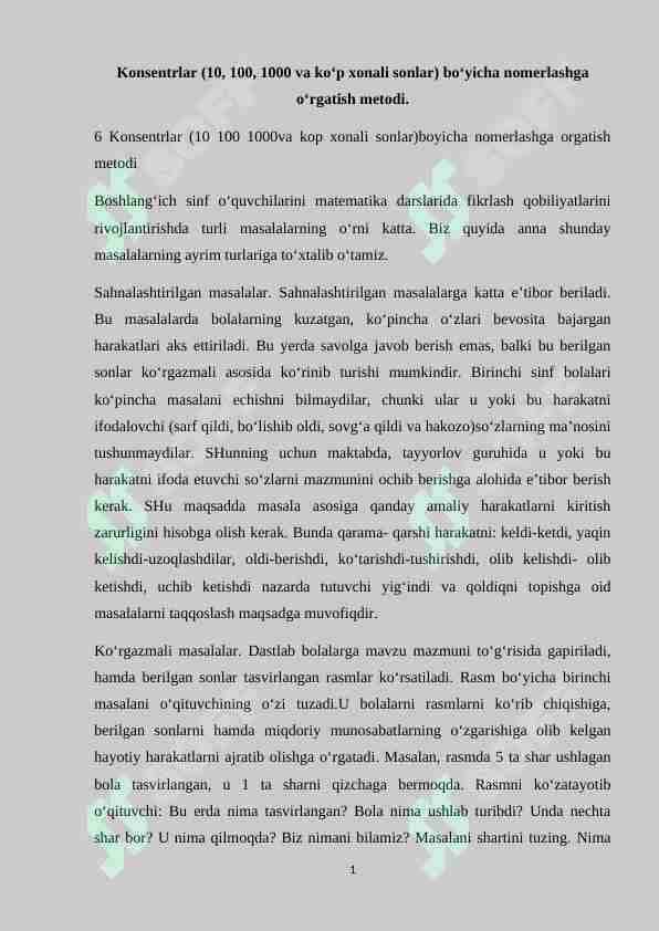 Konsentrlar (10, 100, 1000 va ko‘p xonali sonlar bo‘yicha nomerlashga o‘rgatish metodi.