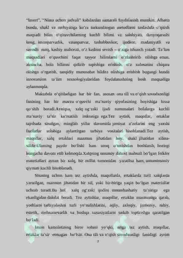 O‘qish darslarida “Xalq og‘zaki ijodi” mavzusini o‘rganish 7