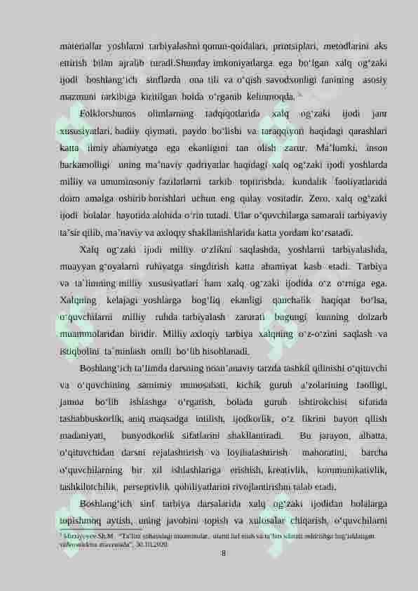 O‘qish darslarida “Xalq og‘zaki ijodi” mavzusini o‘rganish 8