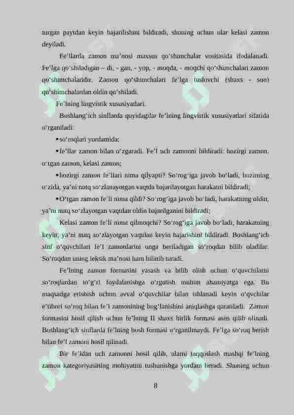 Boshlang'ich sinfda fe'l zamonlar mavzusini o'tishni ijodiy tashkil qilish 8
