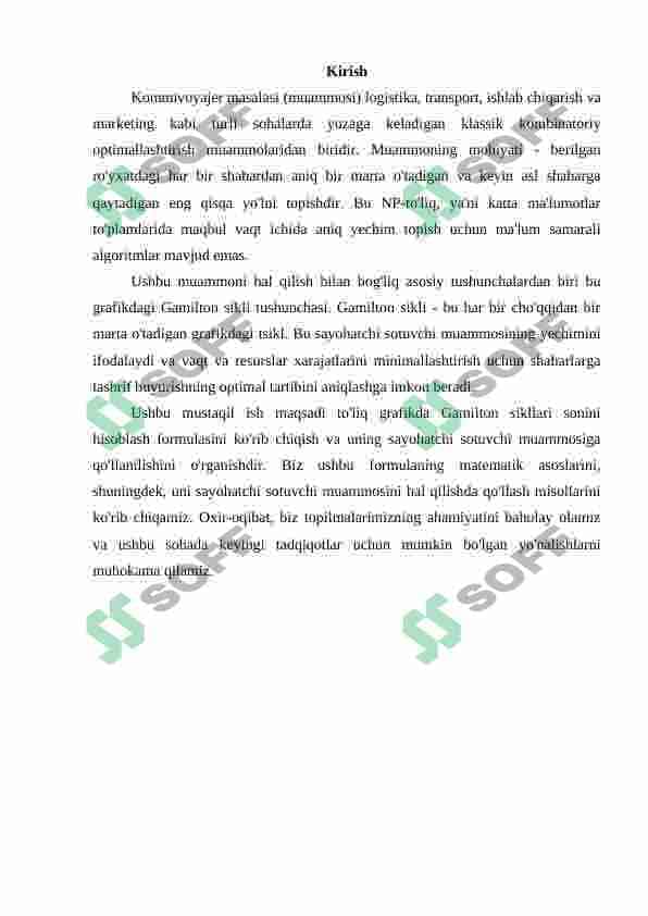 To’la grafda Gamilton sikllari sonini hisoblash formulasi. Kommivoyajer masalasi 3