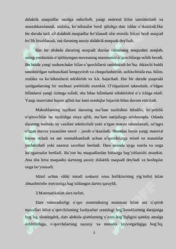 Boshlang`ich sinfda matеmatika o`qitishni tashkil qilish shakllari. Boshlangi‘ch sinfda matematika darsining tuzilishi va dars tizimi. Dars, dars mazmuni 2