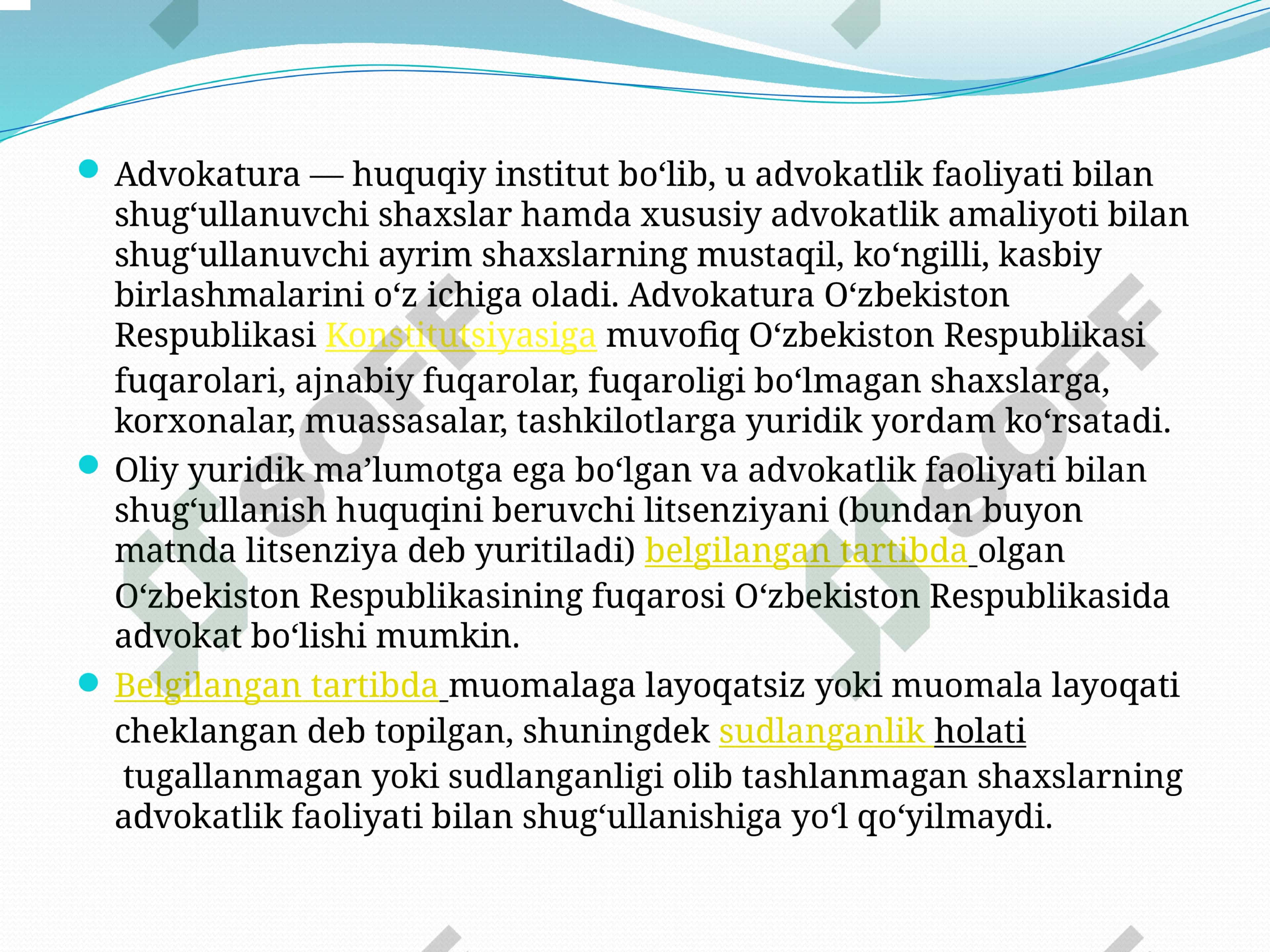 Advokatlik maqomini olish, litsenziya berish, uning bekor qilish asoslari va advokatlik faoliyati kafolatlari. 2