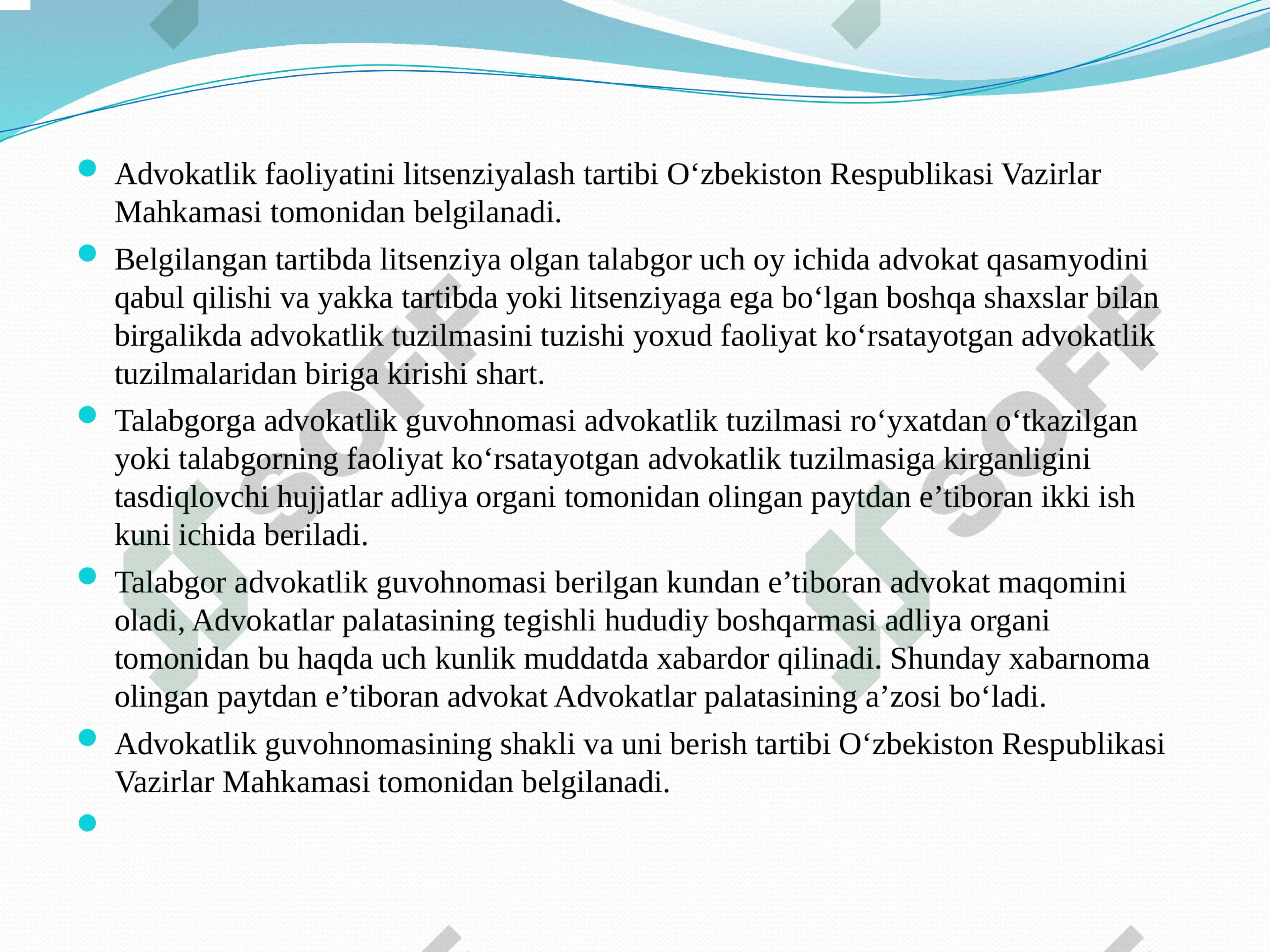 Advokatlik maqomini olish, litsenziya berish, uning bekor qilish asoslari va advokatlik faoliyati kafolatlari. 6