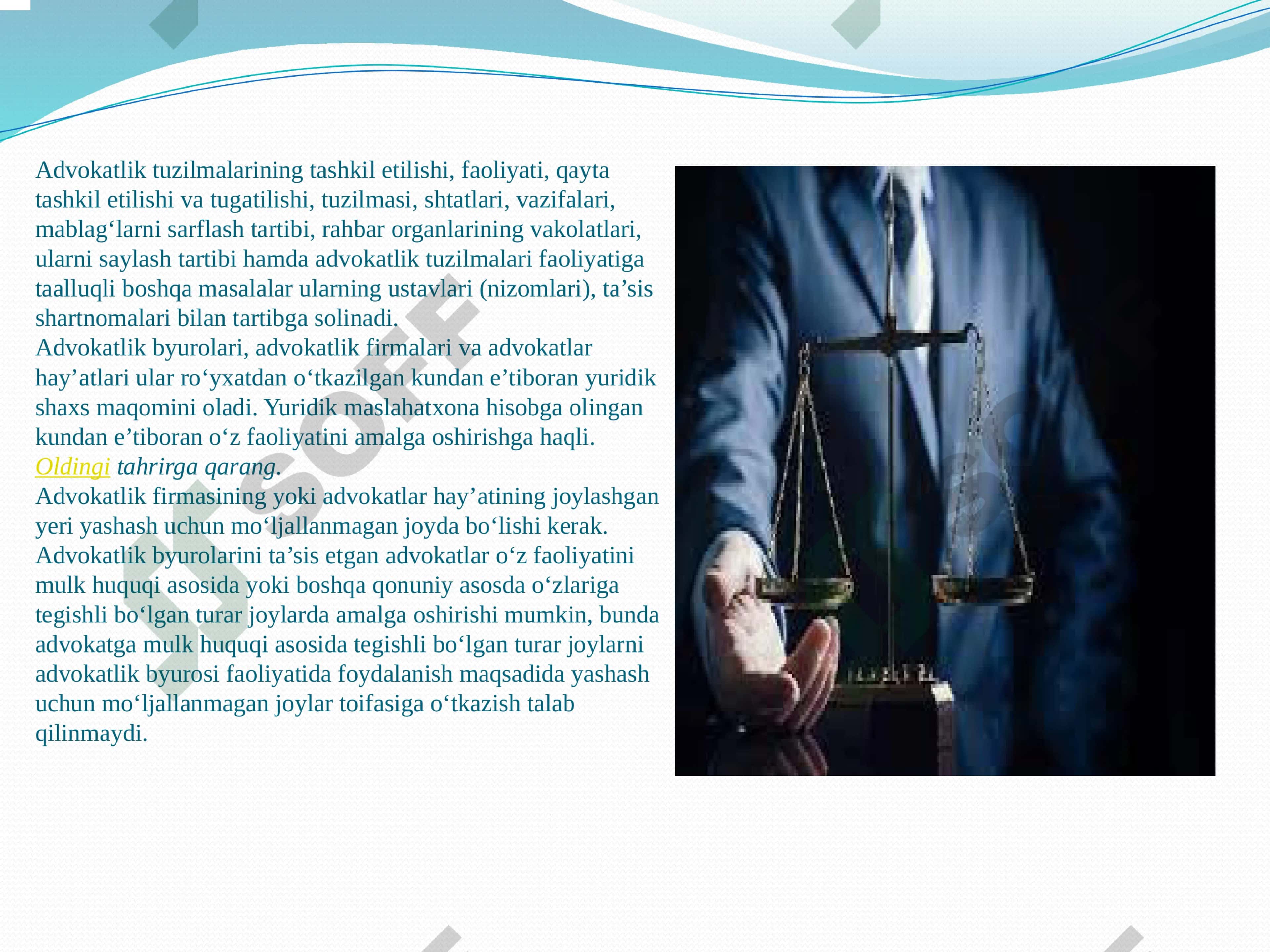 Advokatlik maqomini olish, litsenziya berish, uning bekor qilish asoslari va advokatlik faoliyati kafolatlari. 8