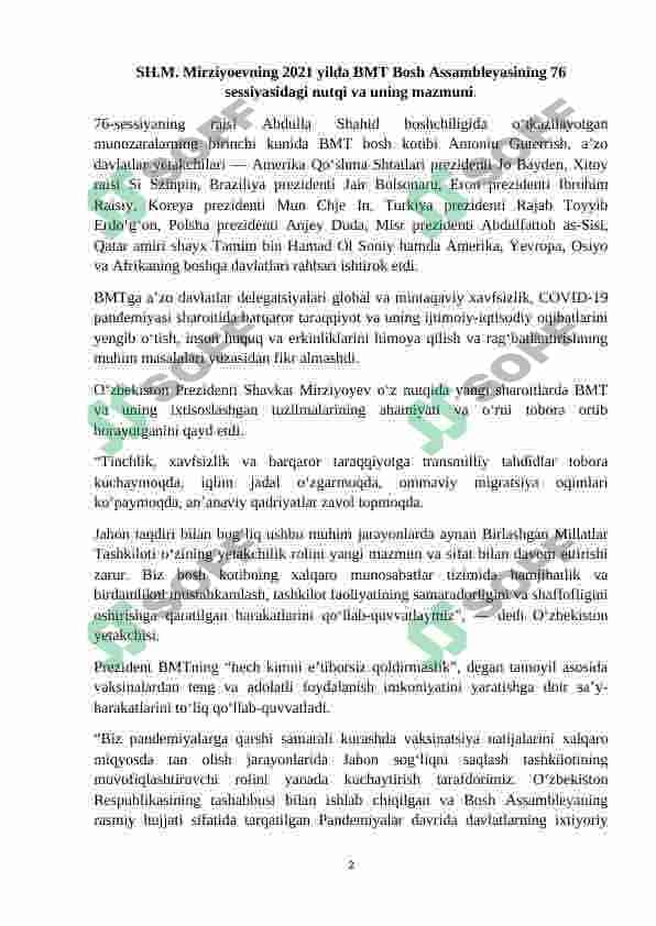 SH.M. Mirziyoevning 2021 yilda BMT Bosh Assambleyasining 76 sessiyasidagi nutqi va uning mazmuni. 2